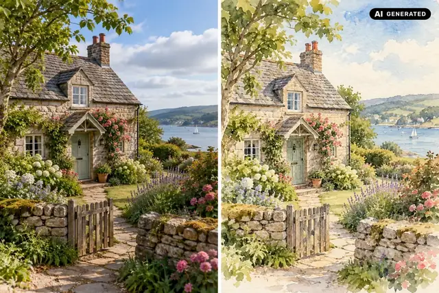 AI-generated example: The house and garden appear as a watercolour illustration with soft washes and visible paper texture. The original composition remains recognisable.