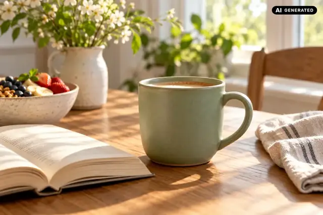 AI-generated example: A mug sits on a breakfast table in natural morning light.