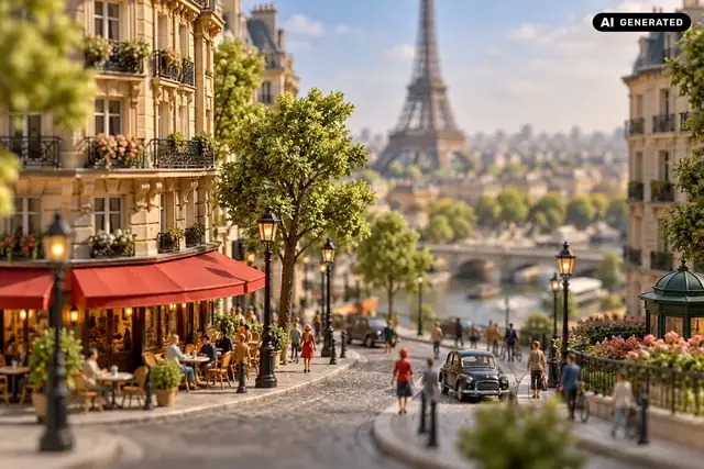 AI-generated example: A Paris street becomes a detailed miniature world with tiny figures.