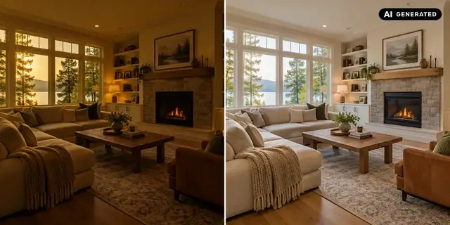 AI-generated example: The room looks brighter, shadows reveal more detail and white walls appear more neutral. Colours remain natural.