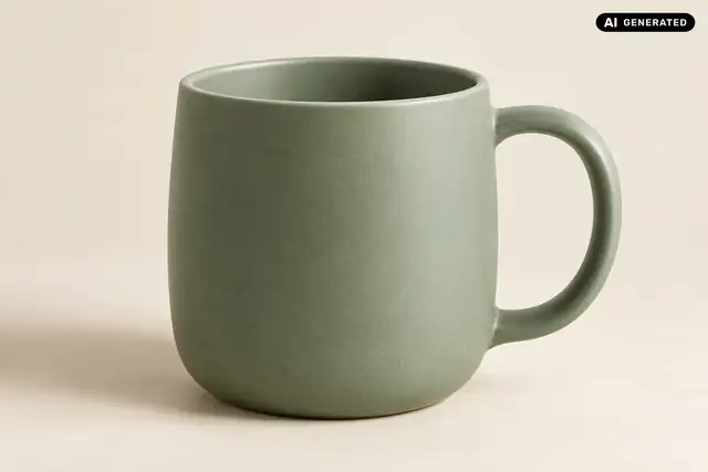 AI-generated example: A green ceramic mug sits against a neutral studio background with soft light.