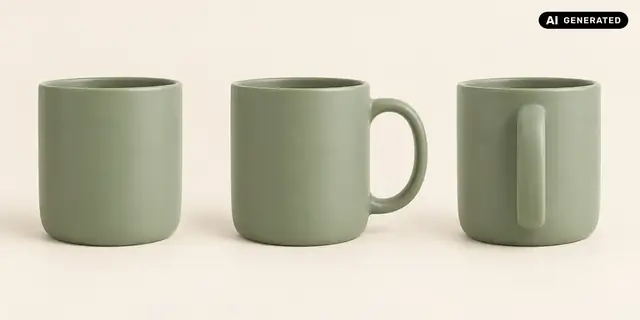 AI-generated example: A mug is shown from three viewpoints: front, side and rear.