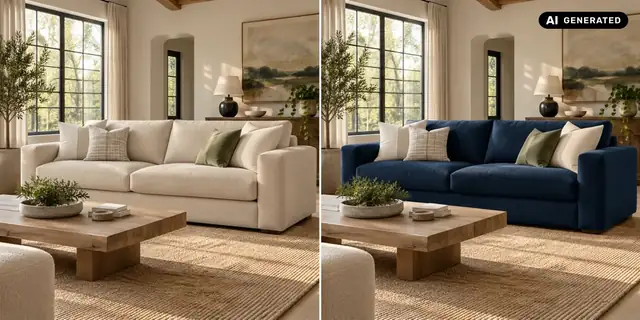 AI-generated example: The sofa is dark blue. Its fabric texture, folds and shadows remain visible, while the wall and other furniture retain their colours.