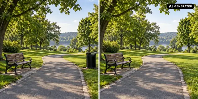AI-generated example: The bin is removed. The path continues naturally in its place so the edited area blends into the scene.