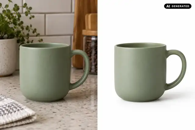 AI-generated example: The subject appears on a white studio background, with lighting and a subtle floor shadow suited to the new setting.