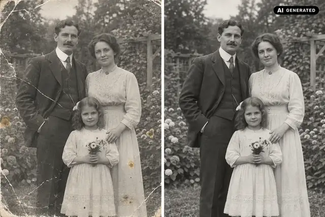 AI-generated example: The photo has fewer visible scratches and stains while retaining its original look. Unclear facial details should not be invented.