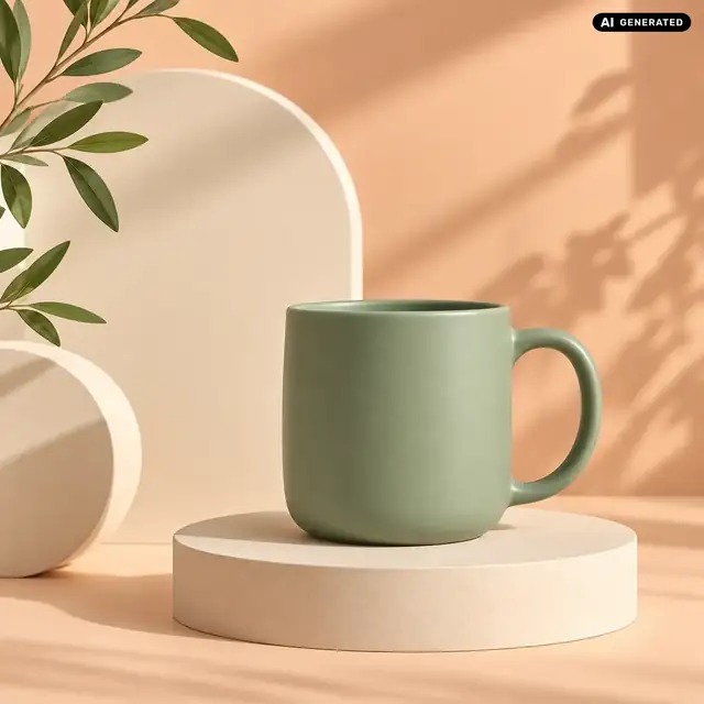 AI-generated example: A mug sits against a warm graphic background. Headline: “Your morning moment”. Call to action: “Discover now”.