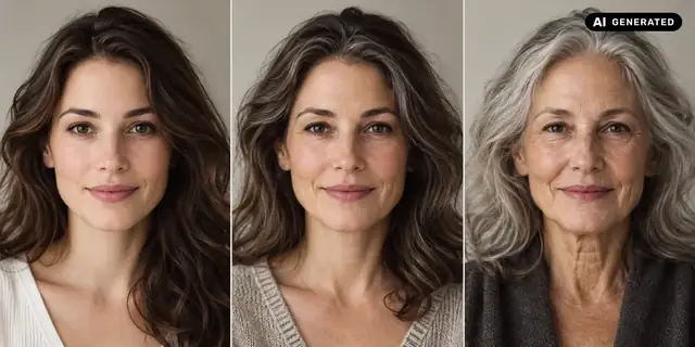AI-generated example: A portrait shows creative age variations at approximately 25, 45 and 70 years.