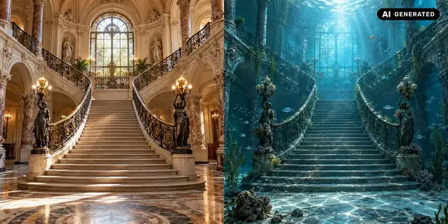 AI-generated example: Before: a historic staircase. After: the same staircase underwater.